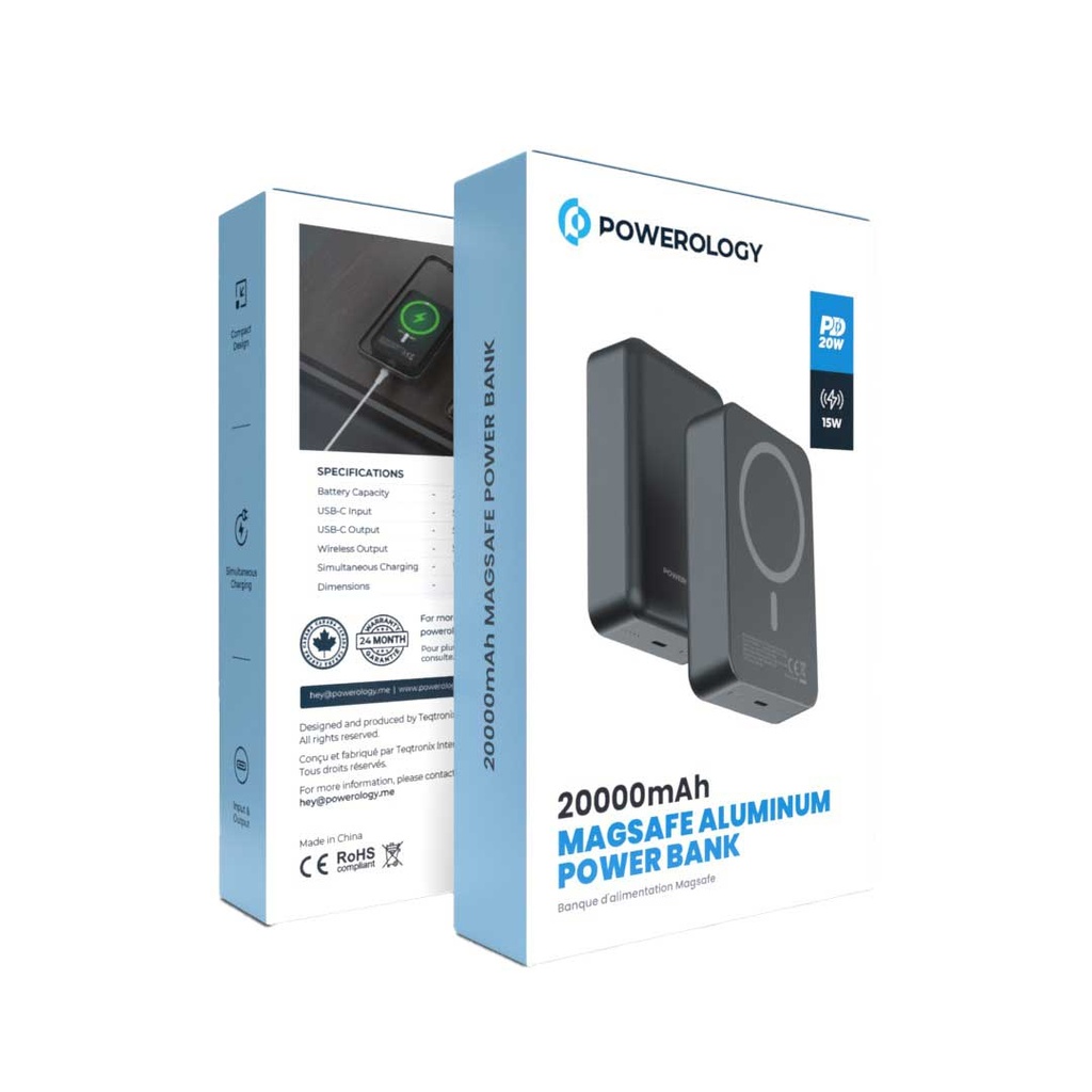 Powerology 20000 mAh 20W PD & 15W Magsafe Powerbank - Dark Grey {PPBCHA33-GY}